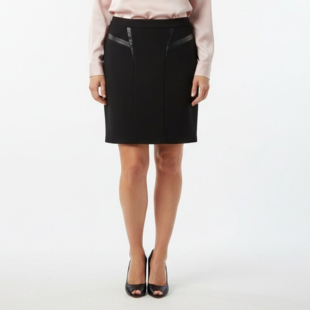 Cleo Petites Black Faux Leather Trim Stretch Pencil Skirt Office Career Size 12